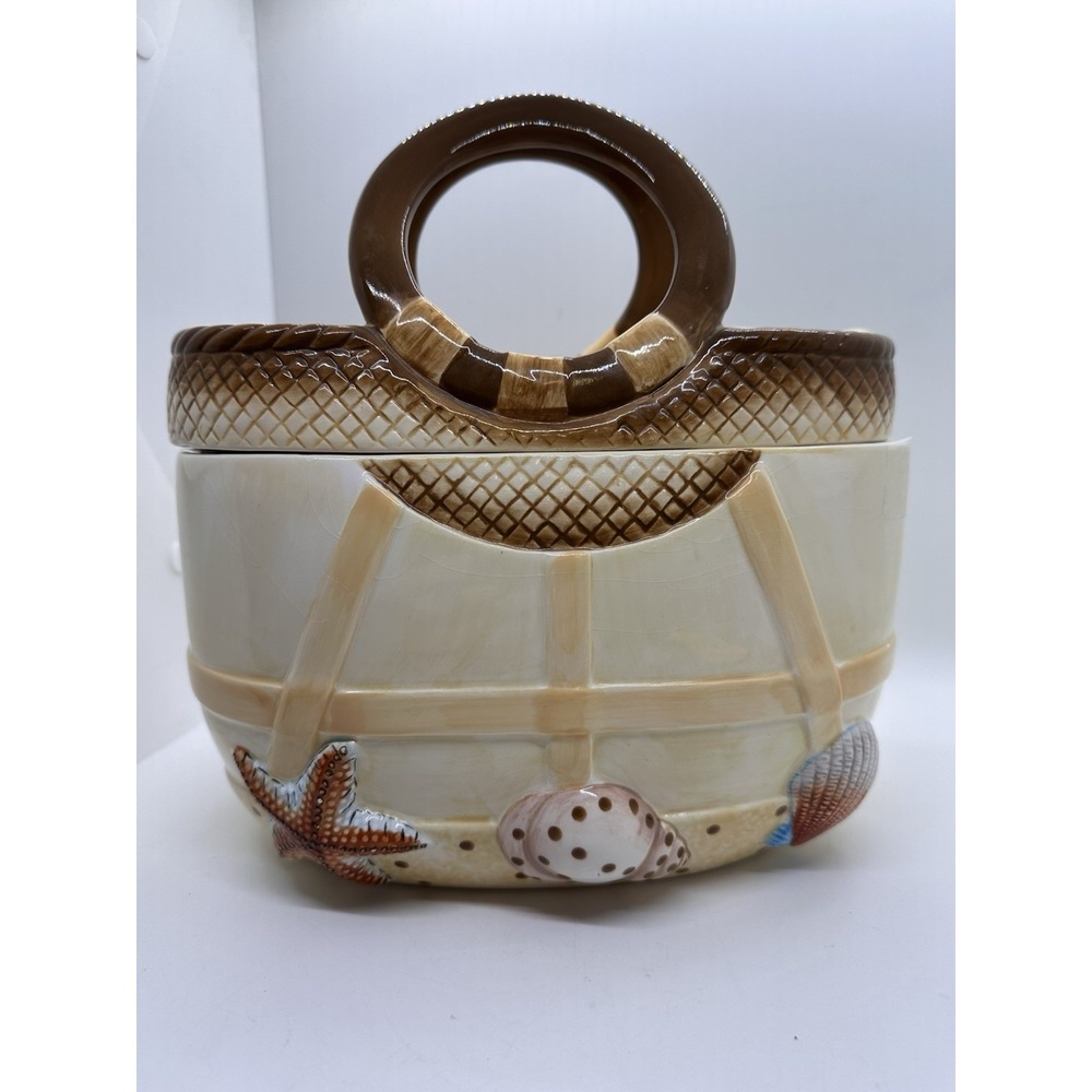 Vtg Ceramic Figural Beach Bag Shape Relief Shells 9.5 in‎ Nautical Cookie Jar
